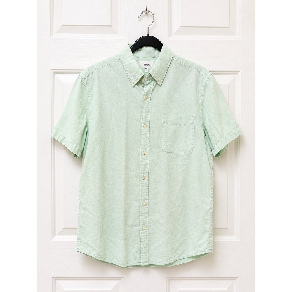 Sonoma Goods For Life Mens Mint Green Cotton Linen Short Sleeve Button Down L